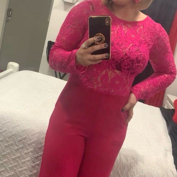 Pants - Elegant Pink Lace Jumpsuit